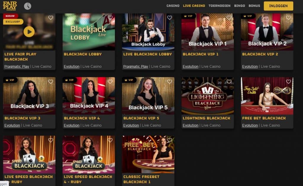 Fair play overzicht blackjack spel lobby