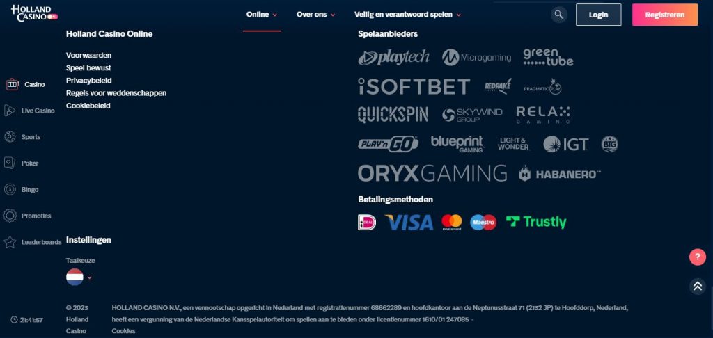 Holland casino footer screenshot